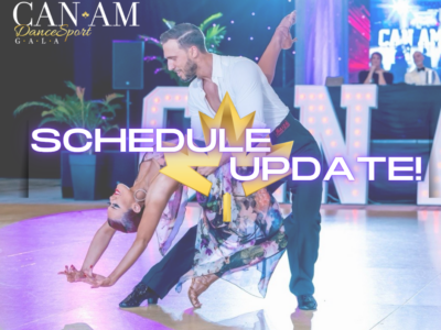 Dancing couple on a lit stage with 'SCHEDULE UPDATE!' overlay for CAN JAM DanceSport Gala event promotional image.